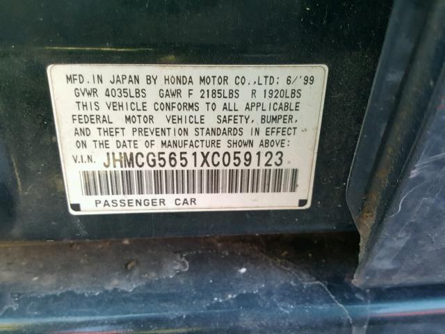 JHMCG5651XC059123 - 1999 HONDA ACCORD EX GREEN photo 10