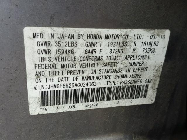 JHMGE8H26AC024063 - 2010 HONDA FIT GRAY photo 10