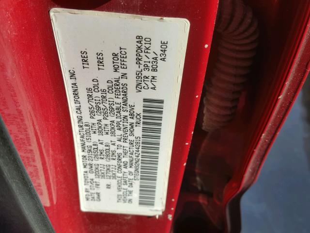 5TEGN92N24Z442815 - 2004 TOYOTA TACOMA DOU RED photo 10