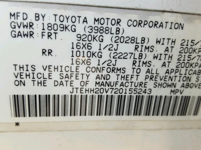 JTEHH20V720155243 - 2002 TOYOTA RAV4 WHITE photo 10