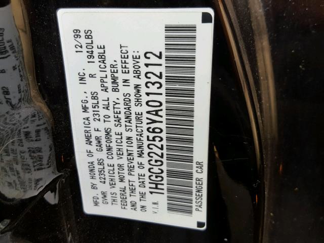 1HGCG2256YA013212 - 2000 HONDA ACCORD EX BLACK photo 10