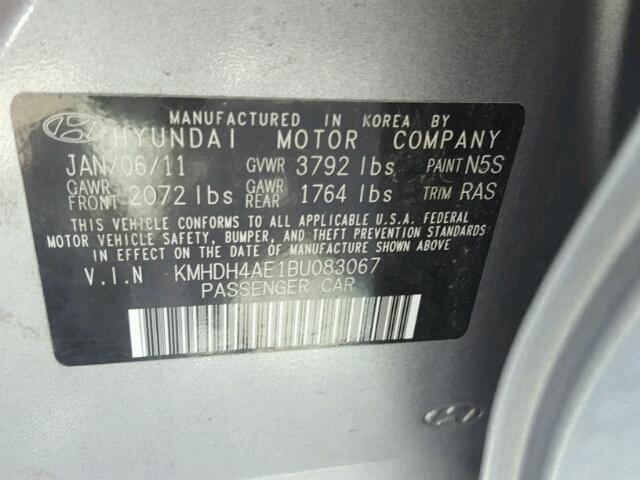 KMHDH4AE1BU083067 - 2011 HYUNDAI ELANTRA GL GRAY photo 10