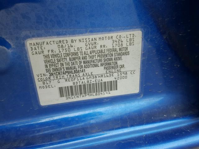 3N1CN7AP9HL804141 - 2017 NISSAN VERSA S BLUE photo 10