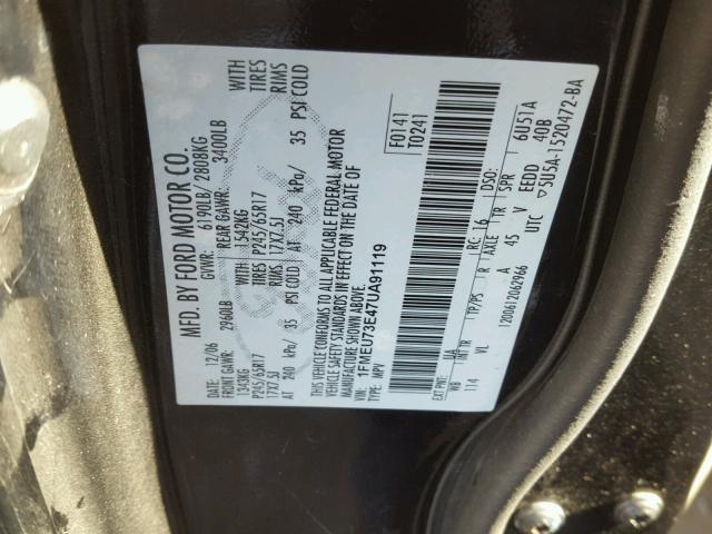 1FMEU73E47UA91119 - 2007 FORD EXPLORER X BLACK photo 10