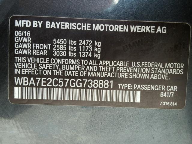 WBA7E2C57GG738881 - 2016 BMW 740 I CHARCOAL photo 10