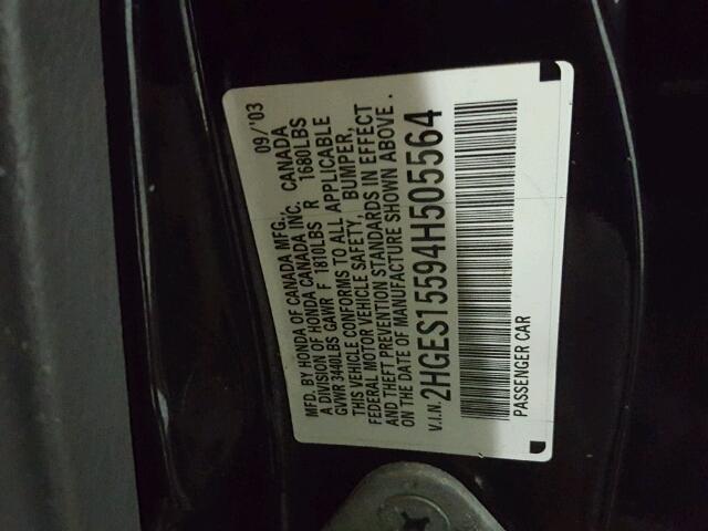 2HGES15594H505564 - 2004 HONDA CIVIC LX BLACK photo 10