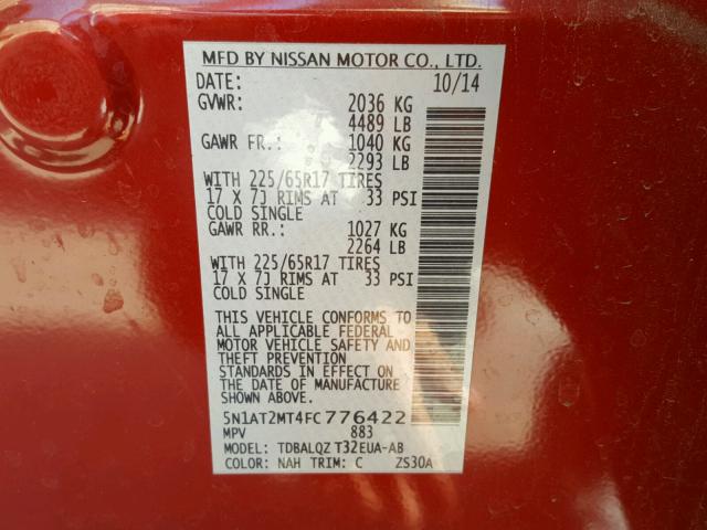 5N1AT2MT4FC776422 - 2015 NISSAN ROGUE S RED photo 10