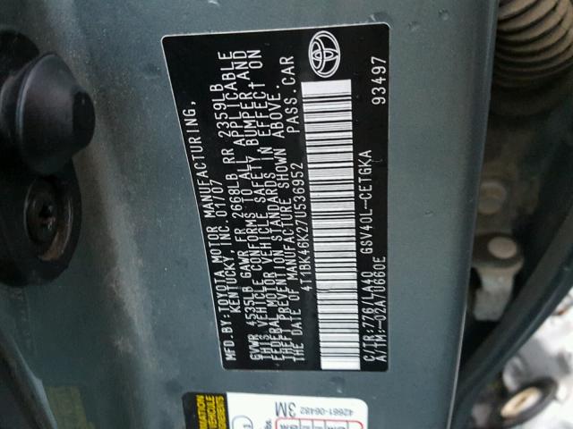 4T1BK46K27U536952 - 2007 TOYOTA CAMRY NEW TEAL photo 10