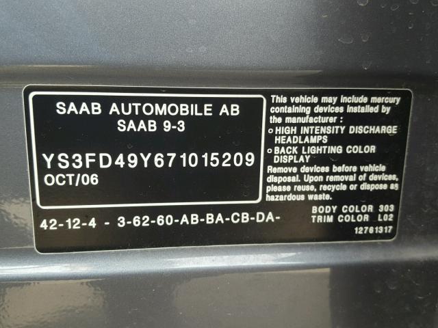 YS3FD49Y671015209 - 2007 SAAB 9-3 2.0T GRAY photo 10