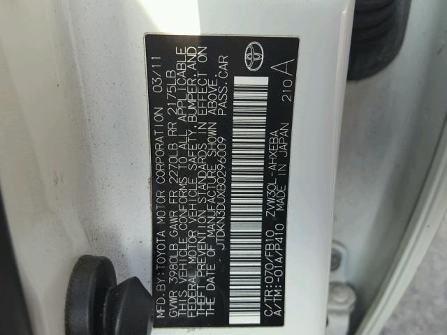 JTDKN3DUXB0296009 - 2011 TOYOTA PRIUS WHITE photo 10