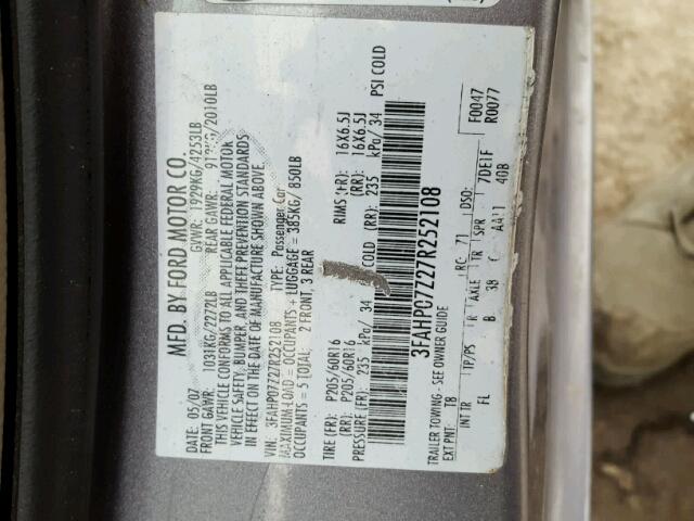 3FAHP07Z27R252108 - 2007 FORD FUSION SE GRAY photo 10