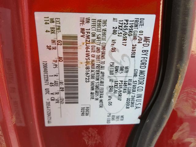 1FMZU64W54UB16723 - 2004 FORD EXPLORER E RED photo 10