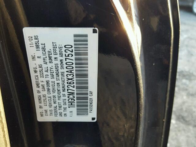 1HGCM726X3A007520 - 2003 HONDA ACCORD EX BLACK photo 10