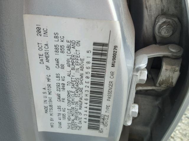 4A3AA46H32E056815 - 2002 MITSUBISHI GALANT ES SILVER photo 10