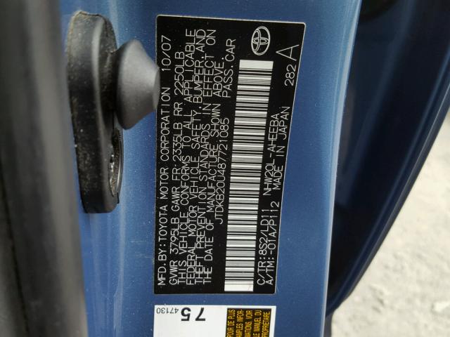 JTDKB20U487721085 - 2008 TOYOTA PRIUS BLUE photo 10