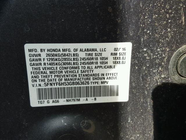 5FNYF6H53GB063626 - 2016 HONDA PILOT EXL CHARCOAL photo 10