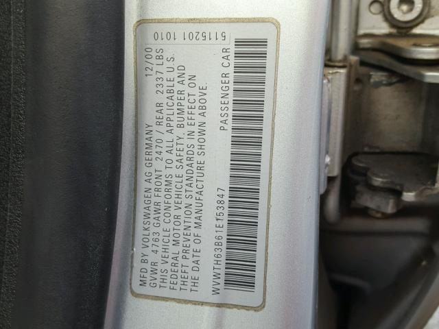 WVWTH63B61E153847 - 2001 VOLKSWAGEN PASSAT GLX 银色 照片 10