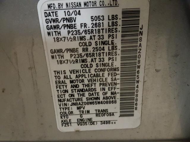 JN8AZ08W65W408868 - 2005 NISSAN MURANO SL SILVER photo 10