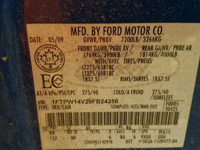 1FTPW14V29FB24256 - 2009 FORD F150 SUPER BLUE photo 10