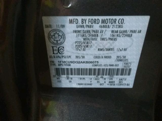 1FMCU9DG2AKB06075 - 2010 FORD ESCAPE XLT GRAY photo 10