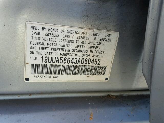 19UUA56643A060452 - 2003 ACURA 3.2TL SILVER photo 10