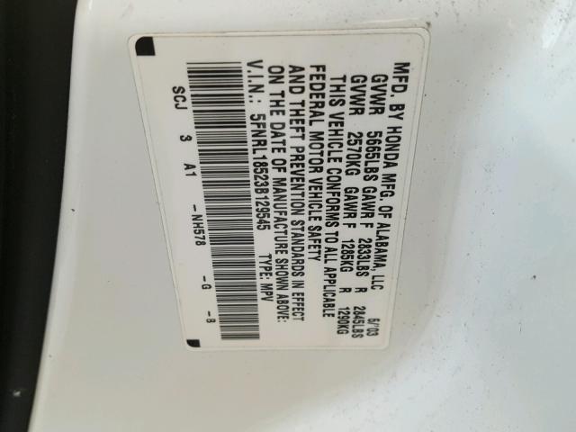 5FNRL18523B129545 - 2003 HONDA ODYSSEY LX WHITE photo 10