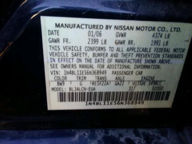 1N4BL11E56N368949 - 2006 NISSAN ALTIMA SE BLUE photo 10