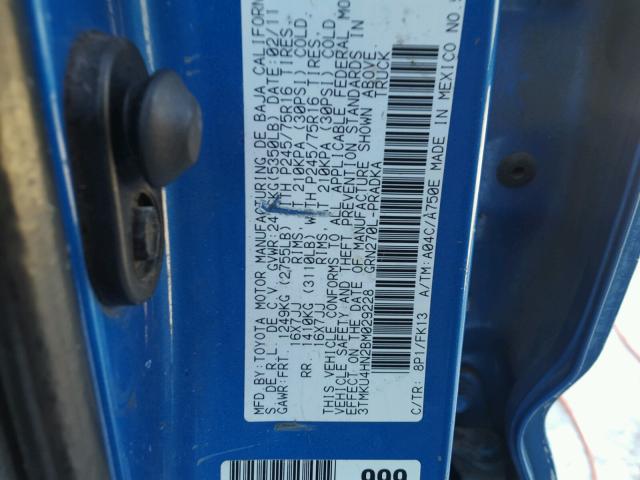 3TMKU4HN2BM029228 - 2011 TOYOTA TACOMA DOU BLUE photo 10