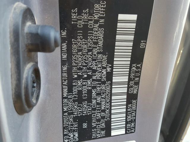 5TDYK3DC4DS299076 - 2013 TOYOTA SIENNA XLE SILVER photo 10