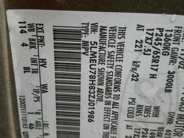 5LMEU78H83ZJ01986 - 2003 LINCOLN AVIATOR 银色 照片 10