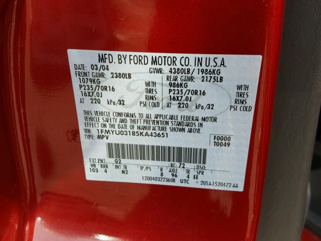 1FMYU03185KA43651 - 2005 FORD ESCAPE XLT RED photo 10