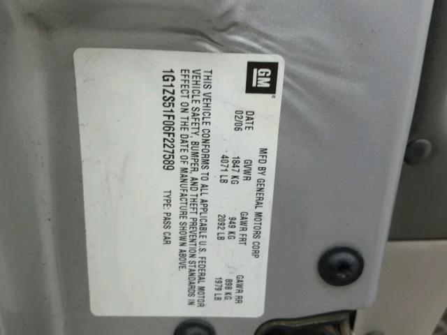 1G1ZS51F06F227589 - 2006 CHEVROLET MALIBU LS SILVER photo 10