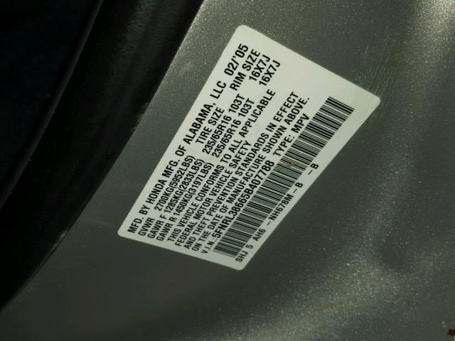 5FNRL38665B407788 - 2005 HONDA ODYSSEY EX SILVER photo 10