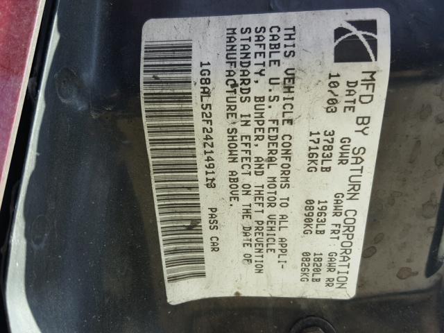 1G8AL52F24Z149113 - 2004 SATURN ION LEVEL BURGUNDY photo 10