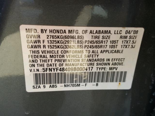 5FNYF48409B000417 - 2009 HONDA PILOT EX GRAY photo 10