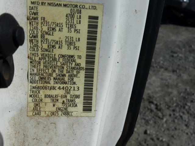 1N6BD06T48C440213 - 2008 NISSAN FRONTIER K WHITE photo 10