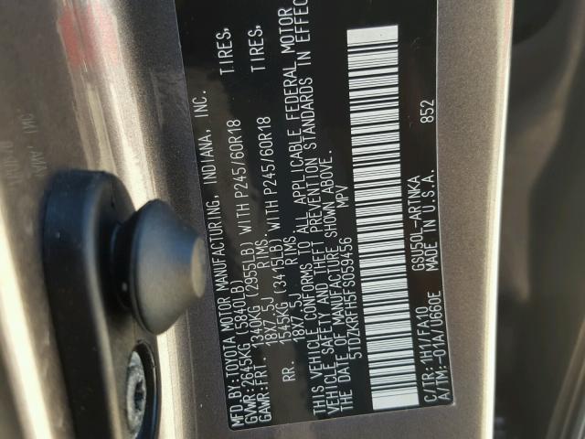 5TDZKRFH5FS059456 - 2015 TOYOTA HIGHLANDER GRAY photo 10