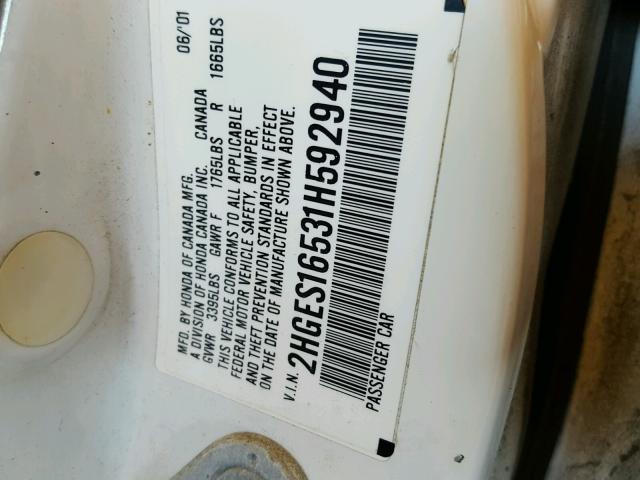 2HGES16531H592940 - 2001 HONDA CIVIC LX WHITE photo 10