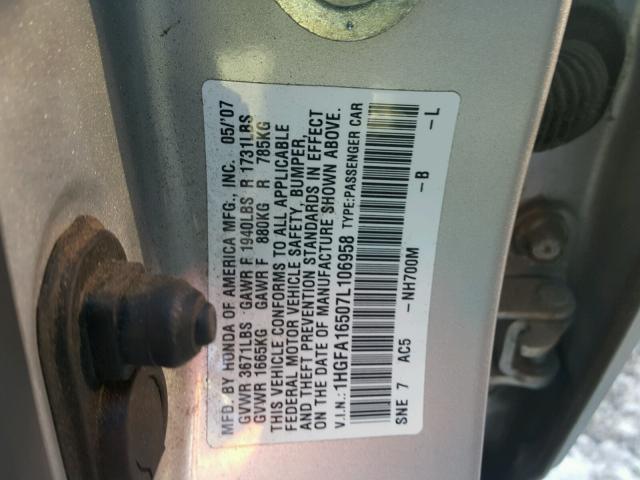 1HGFA16507L106958 - 2007 HONDA CIVIC LX SILVER photo 10