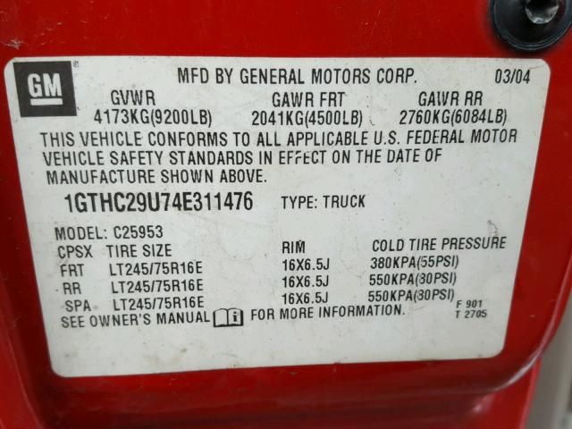 1GTHC29U74E311476 - 2004 GMC SIERRA C25 RED photo 10