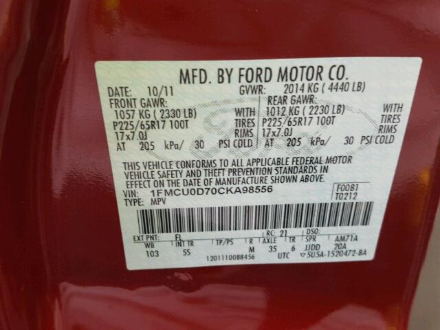 1FMCU0D70CKA98556 - 2012 FORD ESCAPE XLT RED photo 10