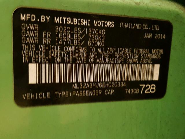 ML32A3HJ6EH020334 - 2014 MITSUBISHI MIRAGE DE GREEN photo 10