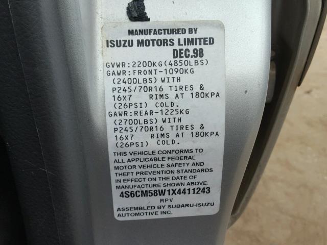 4S6CM58W1X4411243 - 1999 HONDA PASSPORT E SILVER photo 10