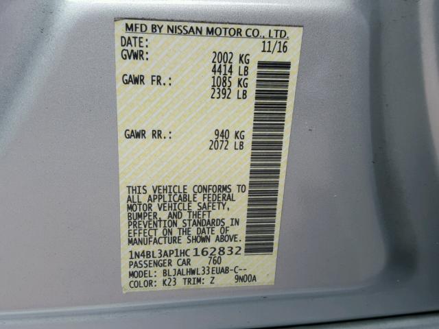 1N4BL3AP1HC162832 - 2017 NISSAN ALTIMA 3.5 SILVER photo 10