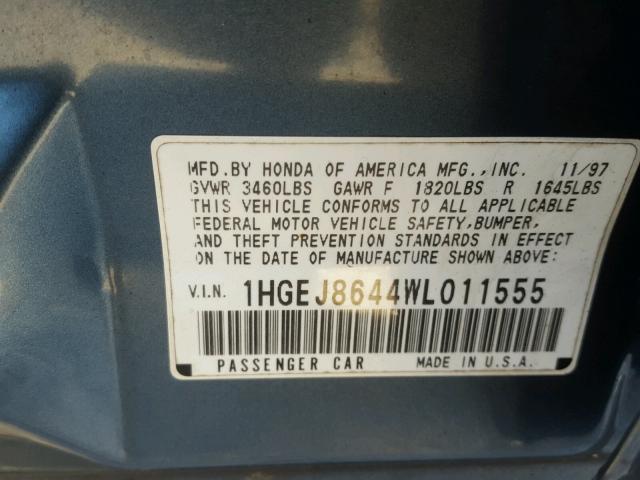 1HGEJ8644WL011555 - 1998 HONDA CIVIC EX GREEN photo 10