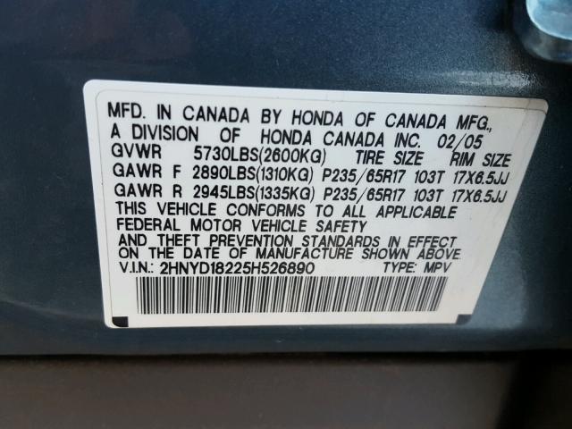 2HNYD18225H526890 - 2005 ACURA MDX BLUE photo 10