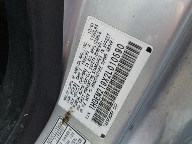 1HGEM219X2L010590 - 2002 HONDA CIVIC EX ნაცრისფერი ფოტო 10