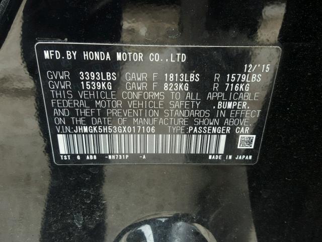 JHMGK5H53GX017106 - 2016 HONDA FIT LX Noir photo 10