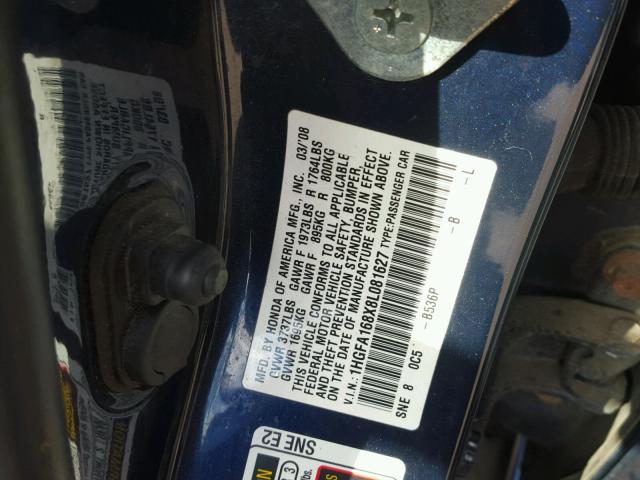 1HGFA168X8L081627 - 2008 HONDA CIVIC EX ლურჯი ფოტო 10