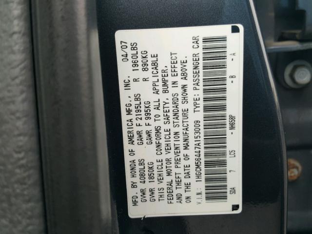 1HGCM56447A153009 - 2007 HONDA ACCORD LX GRAY photo 10